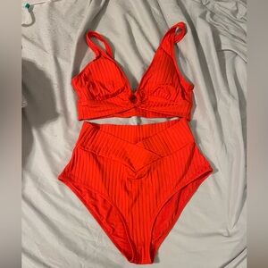 Aerie shine rib bikini NEVER WORN size L top and bottom. Red